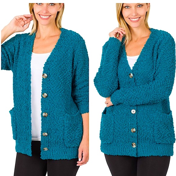 Teal Popcorn Knit Button Down Cardigan Sweater - Picture 1 of 5